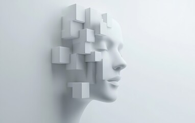Creative sculpture of a human face emerging with cubic elements highlighting a blend of art and modern aesthetics : Generative AI