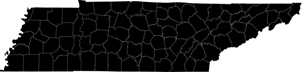 A black and white outline map of Tennessee showing state and county borders.