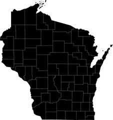 A black and white outline map of Wisconsin displaying county boundaries and state regions.