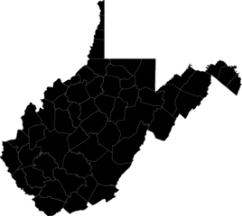 A black and white outline map of West Virginia highlighting county divisions and state borders.
