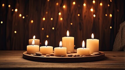 A flat lay image featuring a circular arrangement of small, lit oil lamps on a dark, textured surface.