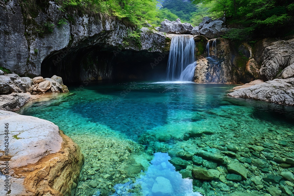 Poster picturesque natural pool with waterfall framed by surrounding rocks and greenery in a lush environme
