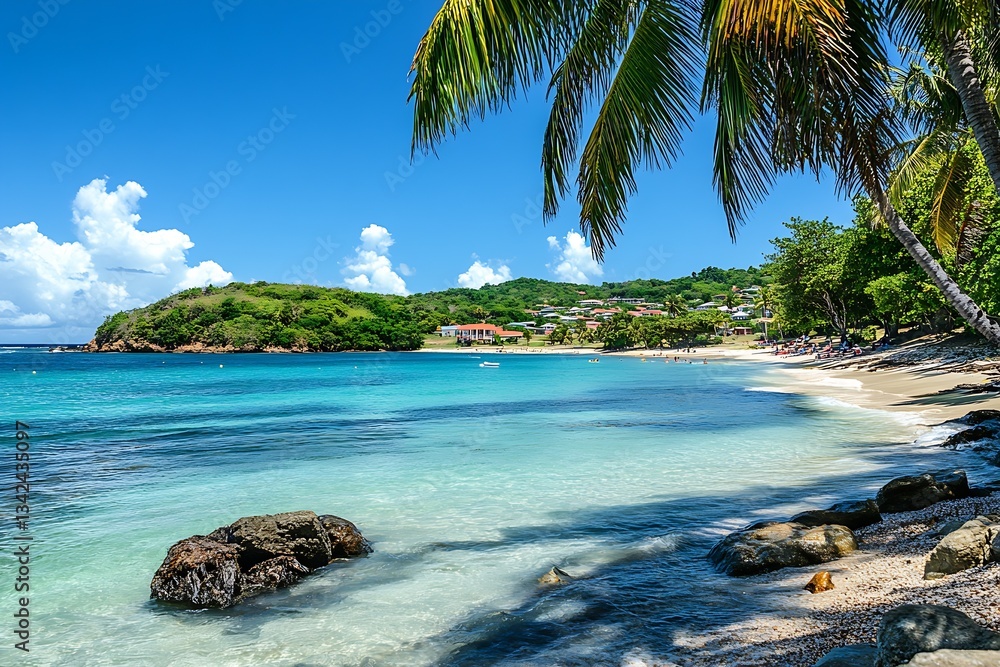 Poster picturesque beach view with palm trees and tranquil water perfect for relaxation and getaways : gene