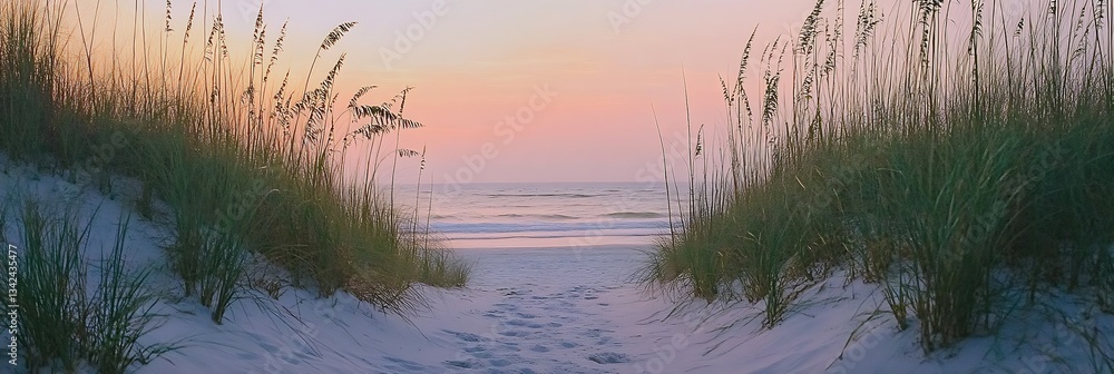 Poster serene beach pathway leading to calm waves at sunset with soft pink sky : generative ai