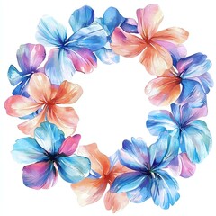 Watercolor illustration of a vibrant Hawaiian lei, soft tropical hues, delicate brushstrokes, isolated on a white background