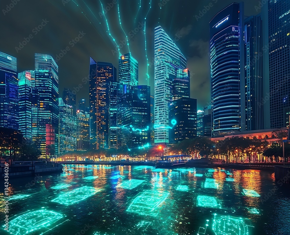 Aufkleber breathtaking view of illuminated city skyline with digital elements reflecting on the water during n