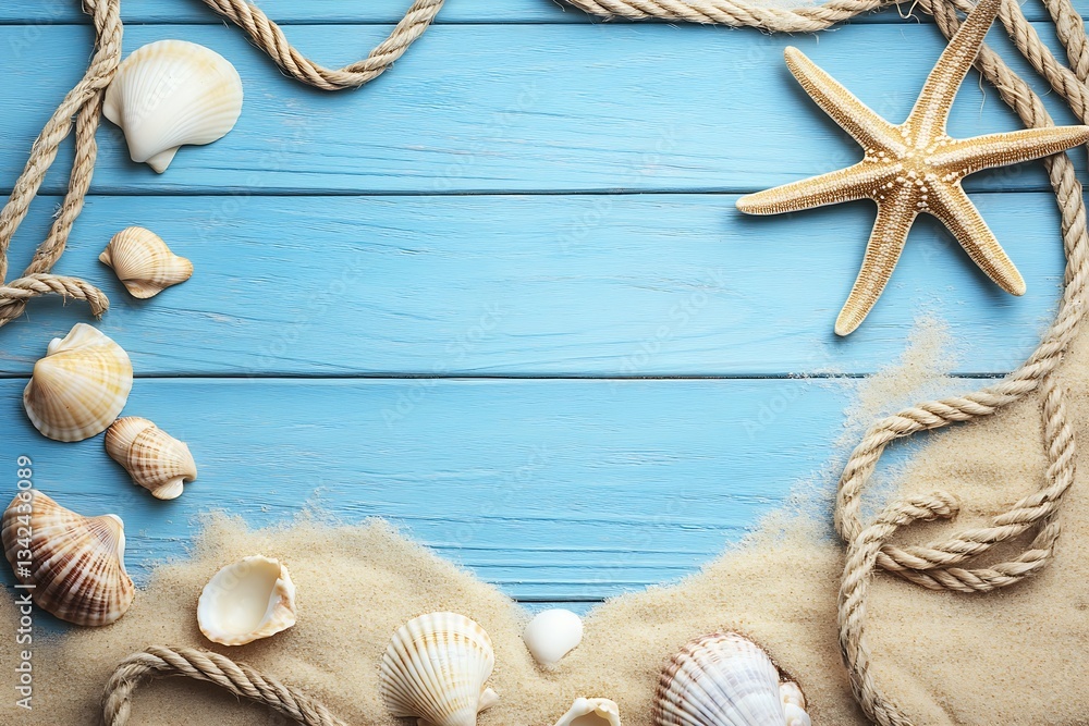 Aufkleber beautiful coastal scene with shells and starfish on sandy background with blue wood : generative ai