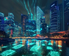 Breathtaking view of illuminated city skyline with digital elements reflecting on the water during nighttime : Generative AI