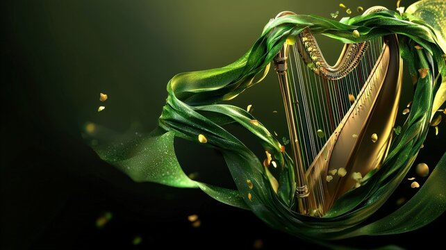 A stylized Irish harp wrapped in a swirling ribbon of green and gold — elegant, national, and celebratory design with Celtic charm.