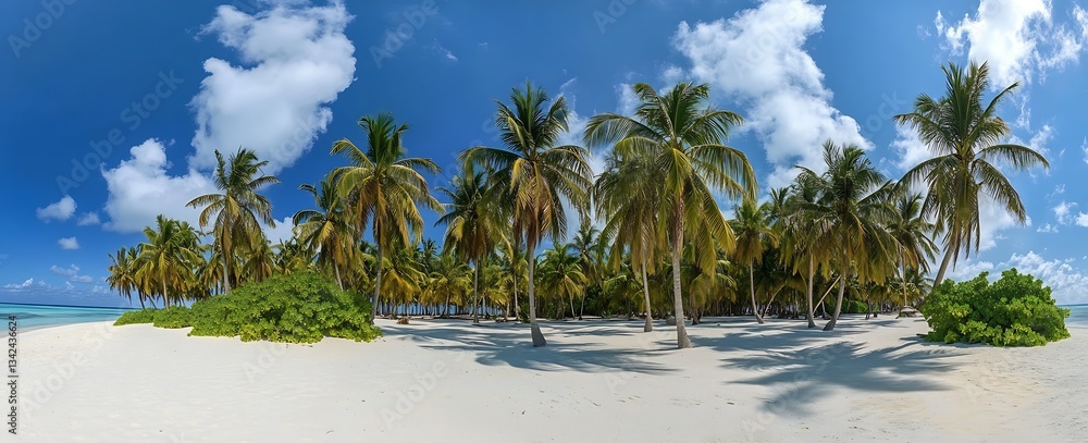 Poster Vibrant tropical beach scene with multiple palm trees and a clear blue sky creating an exotic paradise atmosphere : Generative AI