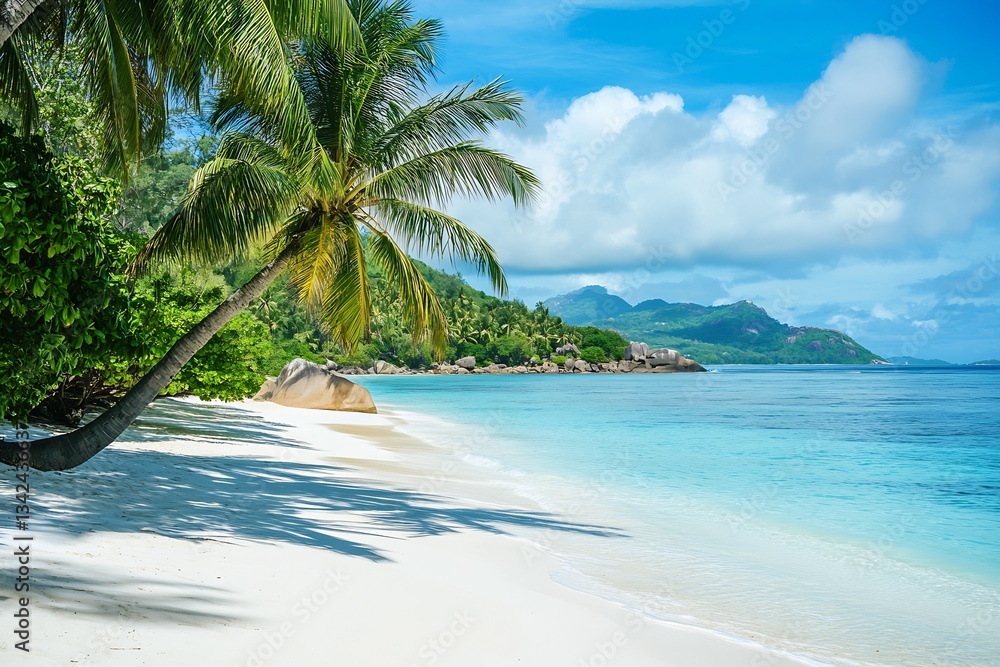 Aufkleber scenic tropical beach with soft white sand and palm trees against a backdrop of turquoise ocean wave