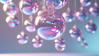 A close-up, high-detail rendering of transparent, iridescent 3D glass spheres falling from top to bottom. The spheres reflect soft hues of pink, blue, and purple, interacting beautifully with light