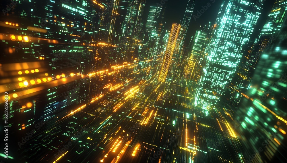 Fototapete dynamic futuristic cityscape featuring glowing lines and colorful skyscrapers with a high-tech look 
