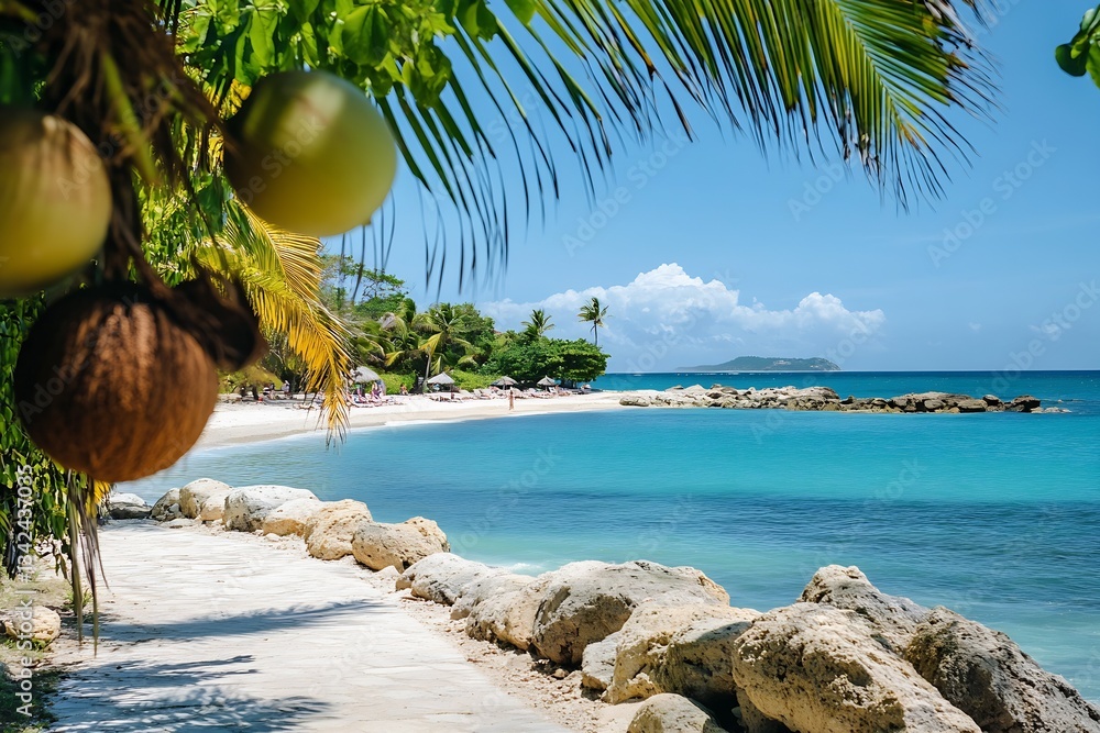 Poster tranquil beach with vibrant coconut trees providing shade and stunning views of a serene ocean lands