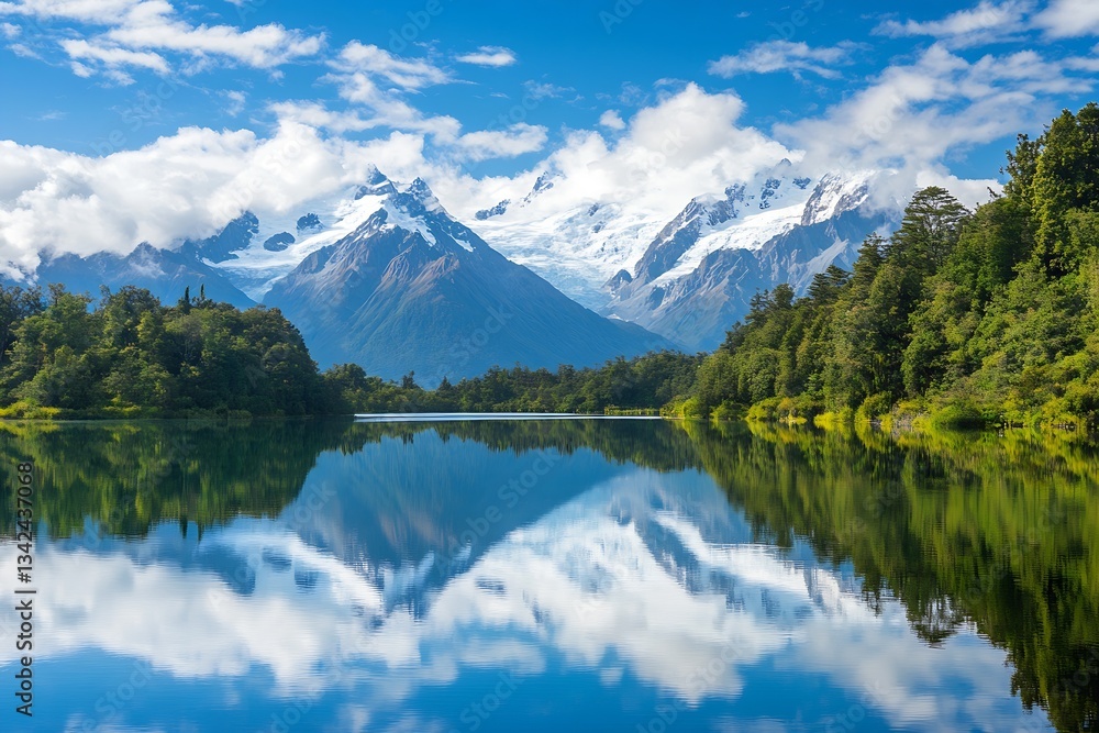 Aufkleber vibrant mountain lake with dramatic clouds and lush greenery reflecting the towering peaks in the wa