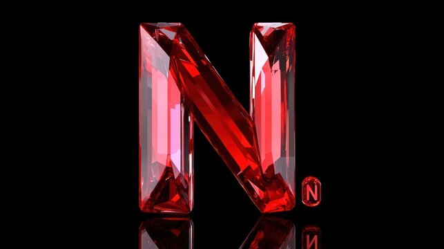 Shiny Red Crystal Letter N with Reflection on Black Background 3D Rendered Gemstone Alphabet