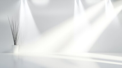 This space features a minimalist design with a white palette and clean lines, perfect for presentations. The carefully crafted lighting creates a calming atmosphere against the blank wall