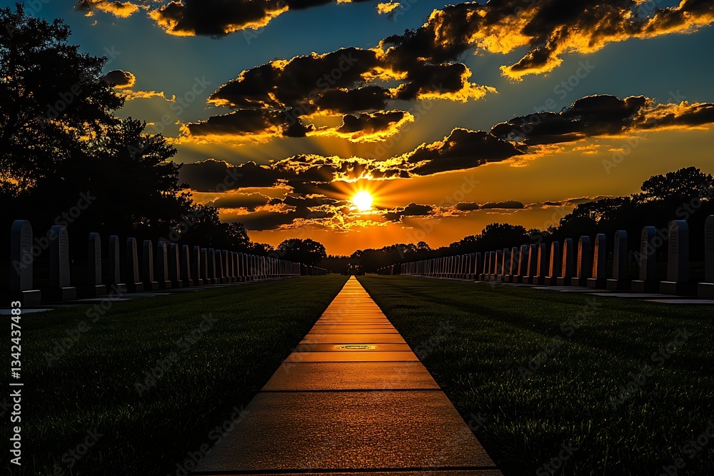 Aufkleber stunning sunset scene in a cemetery with glorious sun rays and open pathway : generative ai