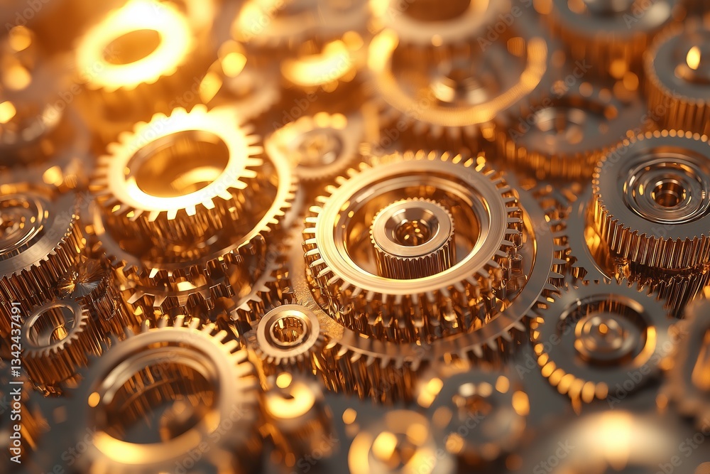 Aufkleber Golden interlocking gears in an intricate mechanical system symbolizing precision, engineering, industrial automation, efficiency, and synchronized motion in manufacturing, Generative AI