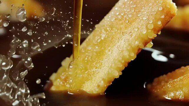 Close-up of crispy fried snacks being drizzled with golden syrup, creating a delicious splash effect