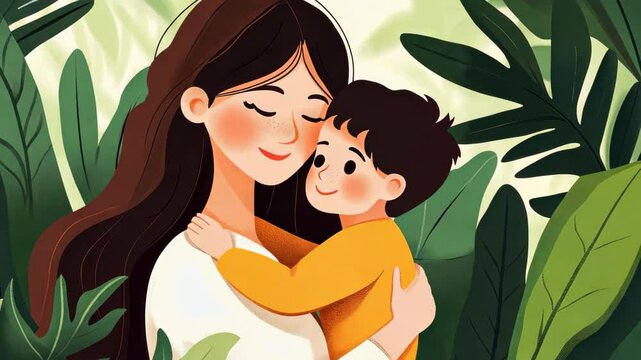 Eine liebevolle Mutter umarmt ihr Kind an einem sonnigen Tag, strahlender Augenblick der Zuneigung und Wertschtzung.