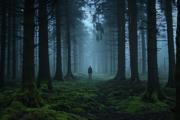 Fototapeta premium Lonely traveler in dark suit standing still in a foggy forest capturing the essence of isolation and nature : Generative AI