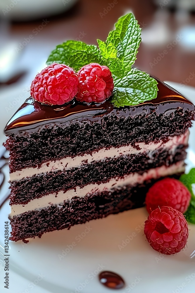 Poster exquisite chocolate raspberry cake slice with layers of frosting and topped with vibrant raspberries