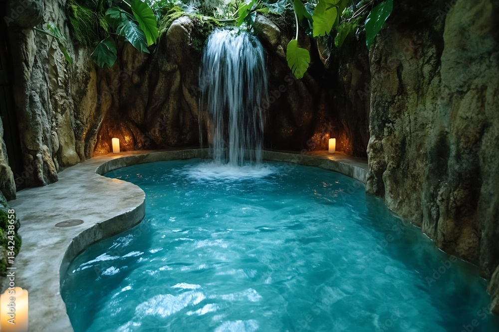 Poster peaceful indoor waterfall cascading into a crystal clear pool surrounded by lush greenery and soft c