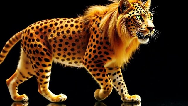 Lev has been to the stylist: spotted golden shiny fur and a fashionably styled and combed mane