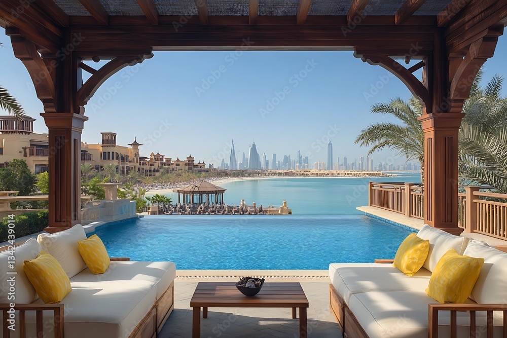 Poster gorgeous poolside perspective at a resort with a breathtaking view of the urban skyline : generative