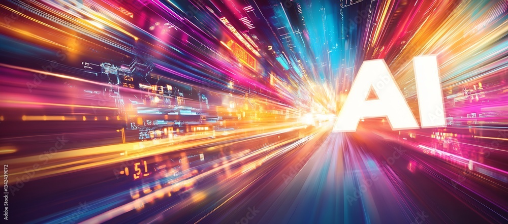 Poster Dynamic futuristic background featuring AI technology with vibrant lights and colorful trails representing data flow : Generative AI