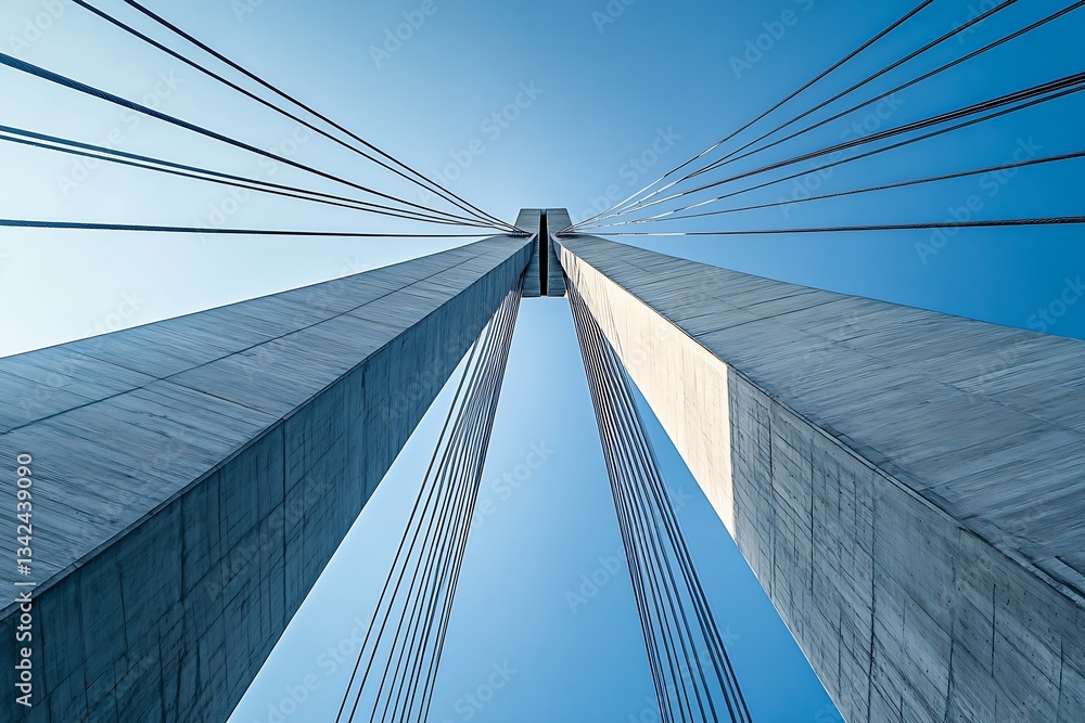 Poster imposing modern bridge structure with cables stretching into clear blue sky : generative ai