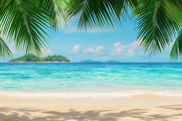 Inviting Tropical Beach View Framed by Graceful Palm Leaves Beneath a Bright Sky : Generative AI