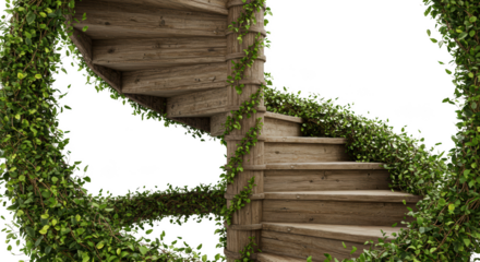 Wooden Spiral Staircase Overgrown with Lush Greenery in a Garden Setting