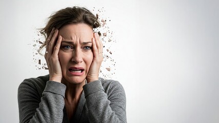 A person with a distressed expression, dissolving effect, and dark background. Concept of anxiety, fear, mental breakdown, and identity loss. Black space allows for text placement, perfect for designs