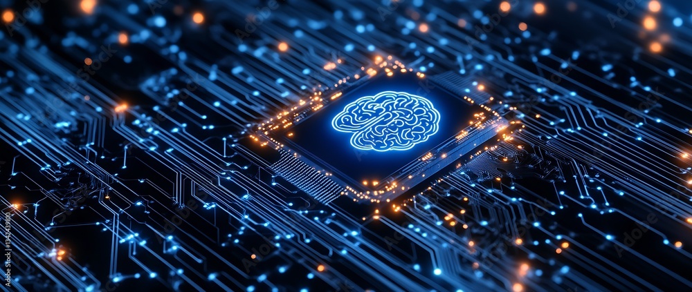 Poster Stylized microchip with a luminous brain representing cutting-edge advancements in artificial intelligence and modern technology : Generative AI