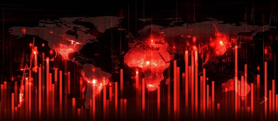 Dynamic infographic with a red world map and vibrant sound waves illustrating global data analysis and trends : Generative AI