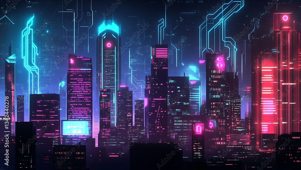 Poster captivating digital cityscape at night showcasing futuristic architecture with neon lights and techn