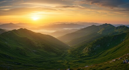 Realistic green mountain landscape at sunset with misty valleys and warm skies