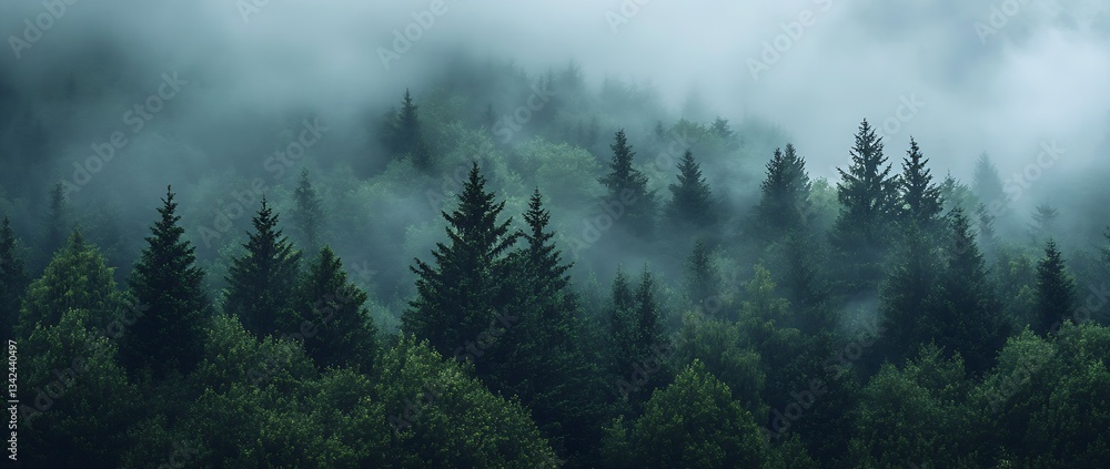 Poster Misty Forest Landscape with Evergreen Trees and Mysterious Fog in a Serene Environment : Generative AI