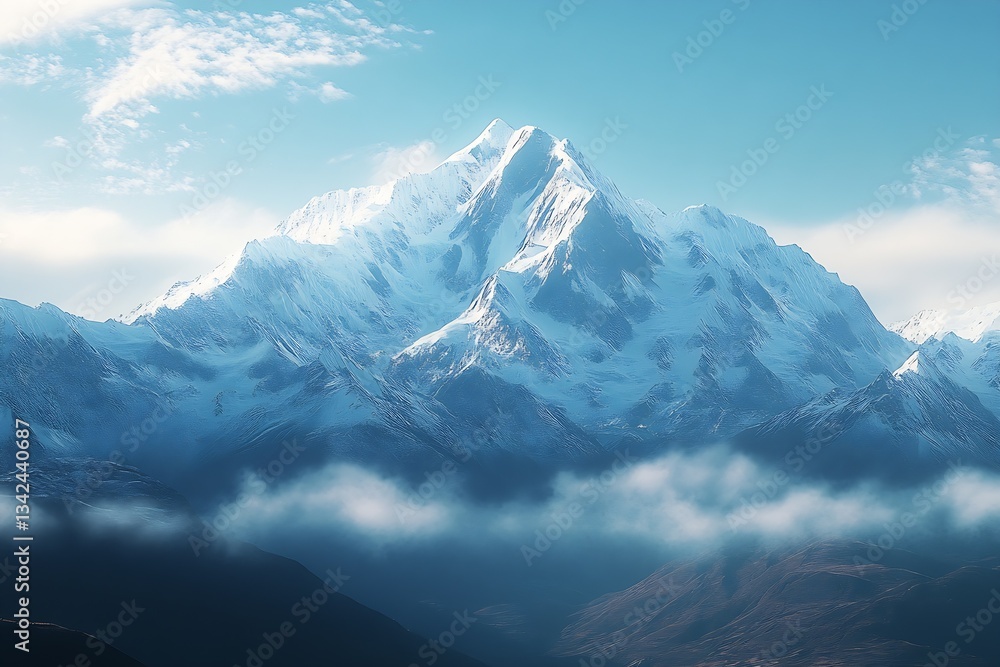 Poster Serene View of a Snowy Mountain Range Enveloped in Soft Layers of Mist and Clouds : Generative AI