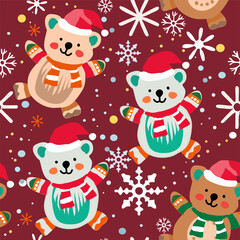 Hand drawn vector seamless
christmas child pattern with snowflake, 
cartoon funny
bear cub in red scarf, santa claus hat. 2026 New Year fashion
ornament for fabric, paper, textiles, notepad, packaging