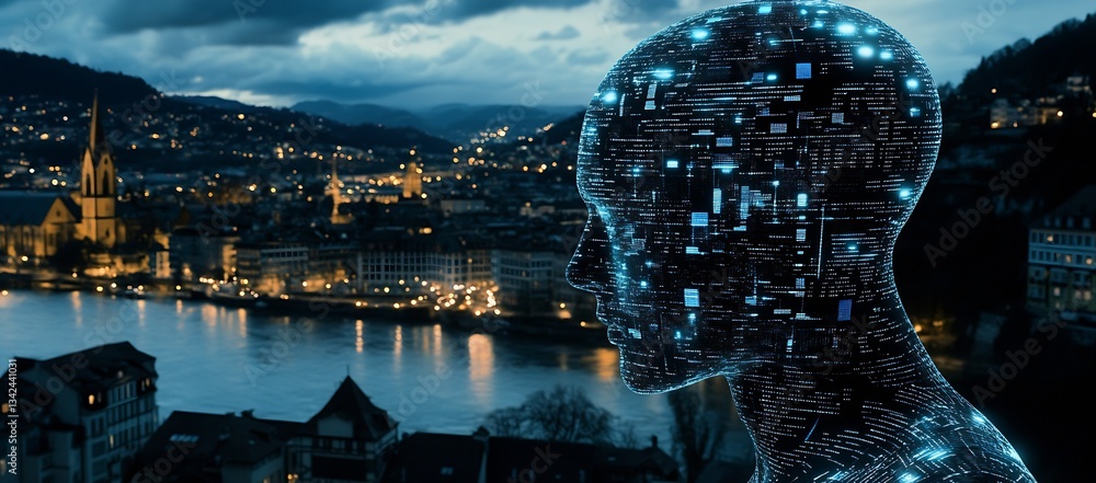 Aufkleber digital silhouette of a human head looking over a glowing cityscape with lights and dark clouds in t