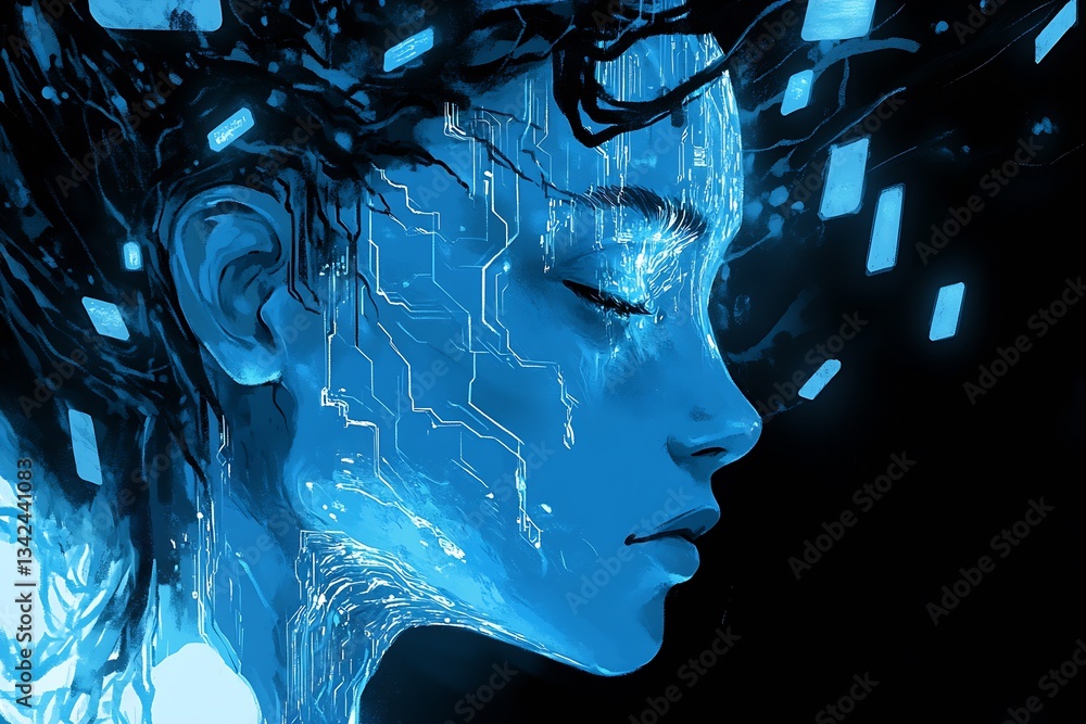Aufkleber intriguing digital portrait of a woman featuring flowing hair with integrated technology and glowing