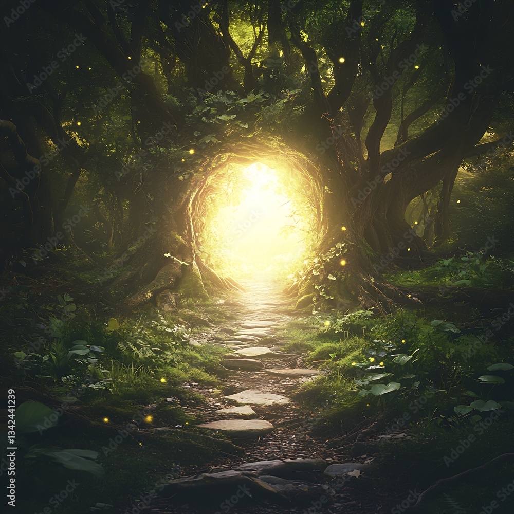 Poster dreamy walkway through a mystical forest with soft glowing light and stones : generative ai