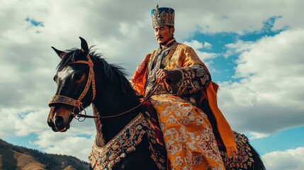 Obraz premium A man in ornate clothing rides a horse outdoors