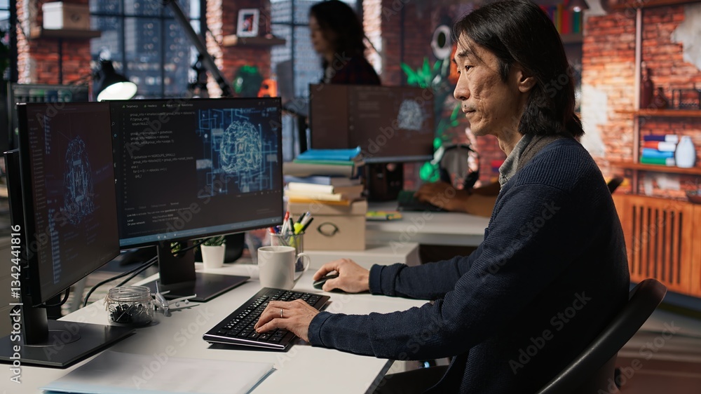 Poster ai startup office chief technology officer drinking coffee and building application. senior manager 
