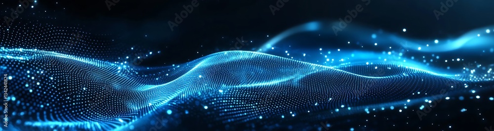 Poster Radiant blue wave forms shimmering against a dark background creating a captivating visual : Generative AI