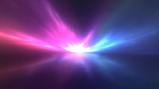 Vibrant pink and blue light rays burst from a bright center, reflecting on a calm surface.