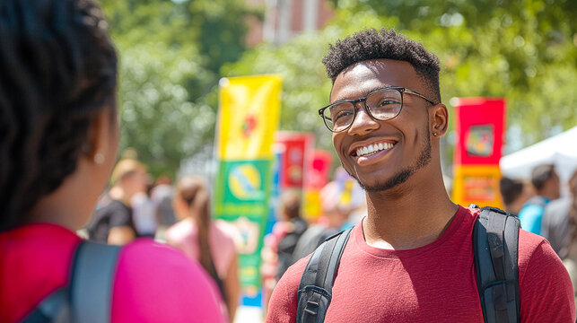 A lively outdoor internship fair with colorful booths and banners on a sunny day, people in the background networking, focusing on career opportunities